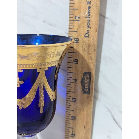 Interglass Italy Cobalt Blue Crystal 24K Gold Wine Goblet - Picture 7 of 8